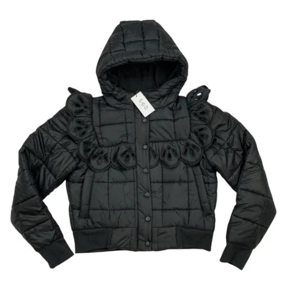 Sea New York Wren Quilted Jacket Black Ruffles Hooded Retro Dark Academia